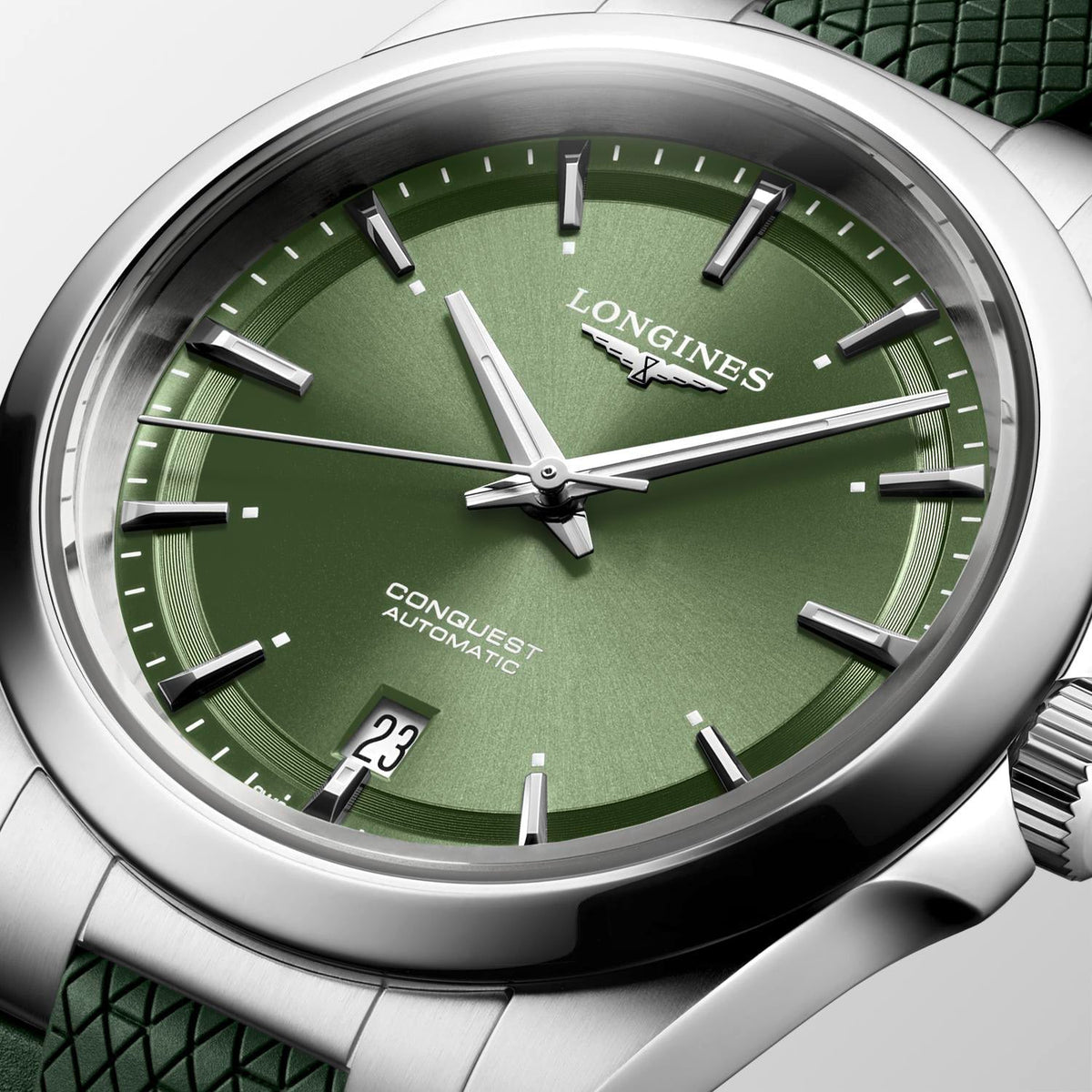 Longines Conquest 38mm Watch with Green Rubber Strap